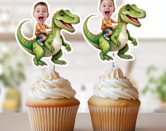 Dinosaur Face Cupcake Toppers, Photo Cupcake Toppers, Personalized Dinosaur Cupcake Toppers, T-Rex Party, Dinosaur Birthday Party Decor