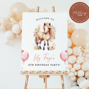 May include: Welcome to Lily Faye's 6th Birthday Party! A white sign with a watercolor illustration of a brown horse with a floral crown and pink balloons. The sign is on an easel.