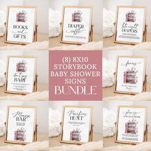 Storybook Baby Shower Signs Bundle, 8 Book Themed Baby Shower Table Sign Template, Printable New Chapter Baby Shower Party Decor CB06
