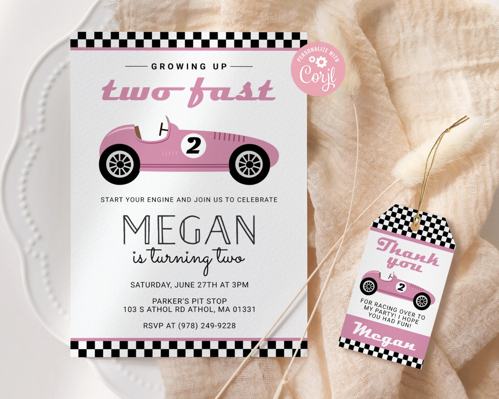 Two Fast Girl Birthday Invitation EDITABLE Pink Race Car - Etsy