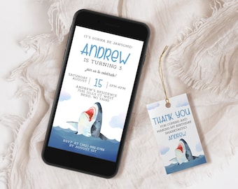 May include: A blue and white smartphone screen with a shark illustration and text that reads "It's gonna be JAWSOME! Andrew is turning 3. Join us to celebrate! Saturday August 15 | 2PM-6PM Andrew's Residence 7535 Jills Ct West Bend, WI 53090 RSVP at (262) 692-2769 by August 1st". A blue and white thank you tag with a shark illustration and text that reads "Thank you for coming and making my birthday sharktastic Andrew".