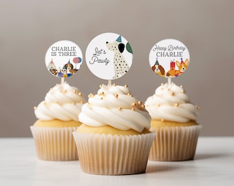Adornos editables para cupcakes de perritos, adornos imprimibles para cupcakes de perritos, decoración para fiesta de cumpleaños con temática de perritos, cumpleaños con temática de perritos LP08