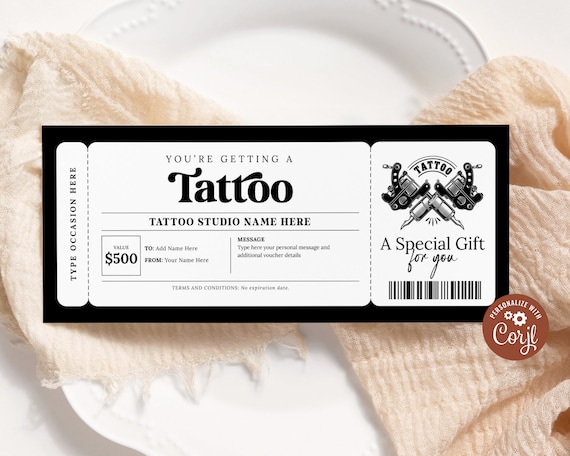 Tattoo Gift Voucher EDITABLE, Tattoo Gift Certificate Printable, Get Inked Gift Card, Tattoo Ticket Template, Tattoo Coupon, Any Occasion Il_570xn