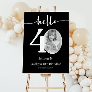 40th Birthday Welcome Sign EDITABLE, Hello Forty Birthday Sign, Modern Black Birthday Welcome Party Poster, Photo Birthday Welcome Sign