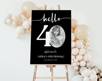 40th Birthday Welcome Sign EDITABLE, Hello Forty Birthday Sign, Modern Black Birthday Welcome Party Poster, Photo Birthday Welcome Sign