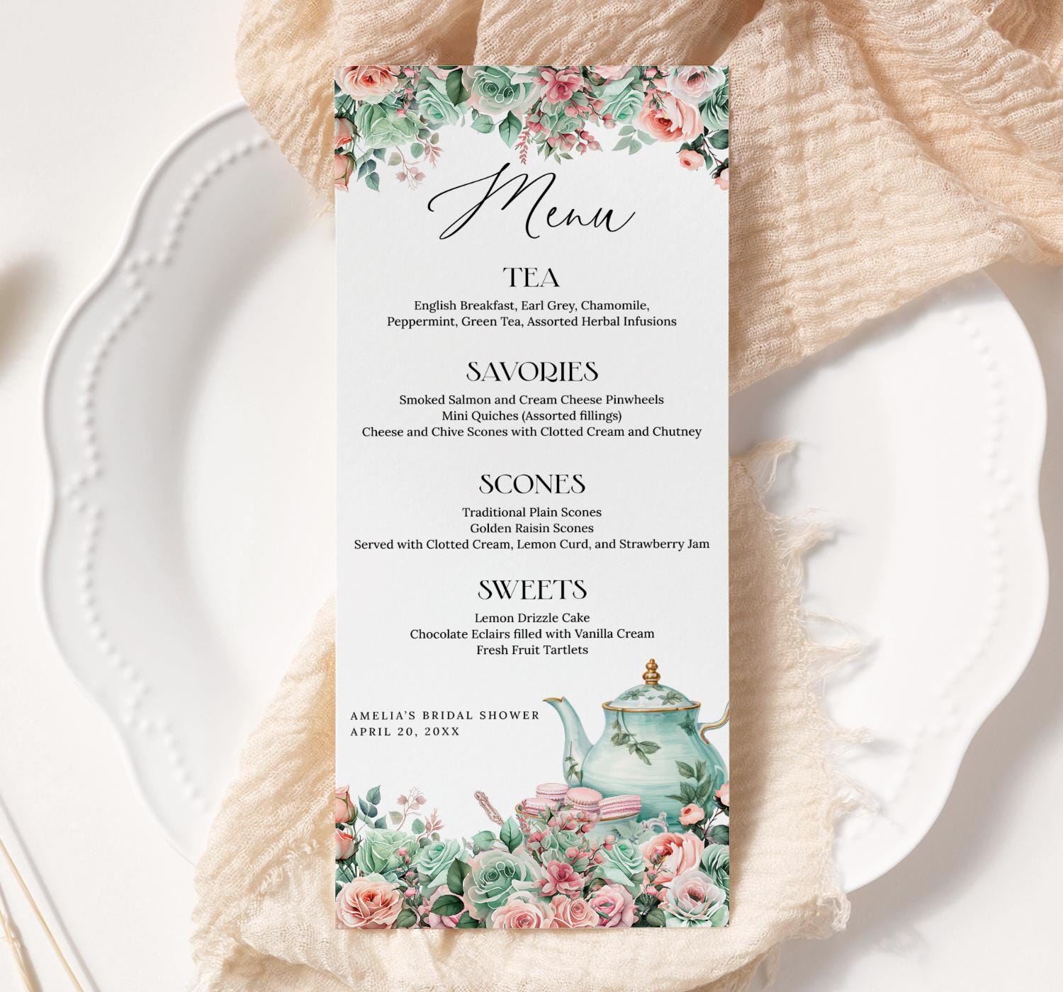 Green Floral Tea Party Menu Template EDITABLE, Pink High Tea Menu Cards,  Afternoon Tea Party, Garden Party, Baby Bridal Shower Birthday AG12 - Etsy, image size:1500x1400