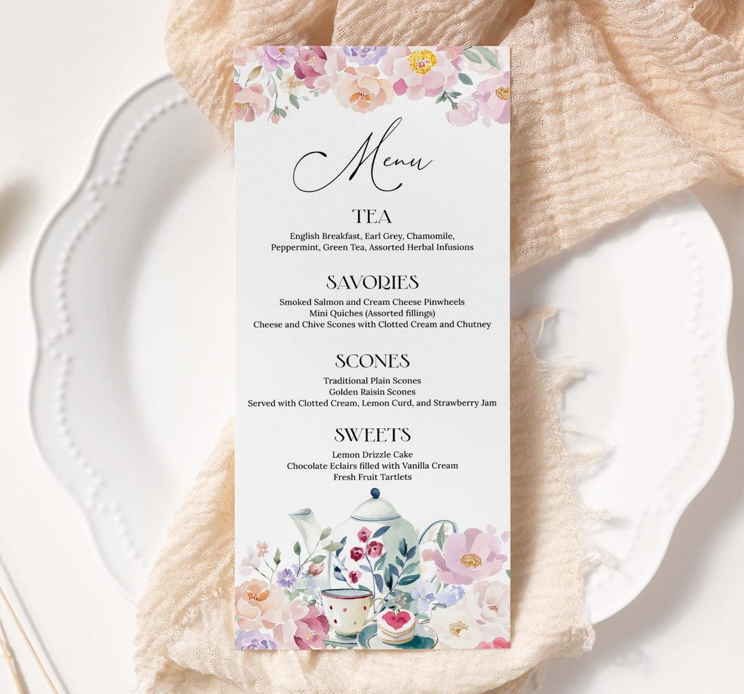 Spring Time High Tea Menu Card Afternoon Tea Party Menu, Spring Floral High Tea Menu Cards, Garden Tea ...