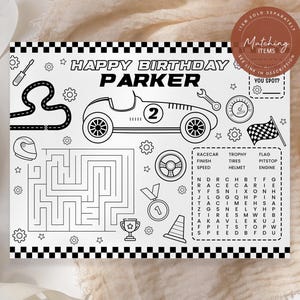 May include: A black and white printable colouring page with a race car theme. The page features a birthday message, "Happy Birthday Parker", a race car, a maze, a word search, and a spot-the-difference game.