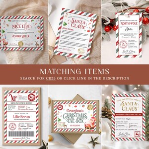 May include: A set of printable Christmas Eve box labels and cards featuring a red and green striped design with a Santa Claus theme. The labels include the text "Santa's Official Nice List", "North Pole Express Delivery", "Georgina's Christmas Eve Box", and "Notification of Delay".
