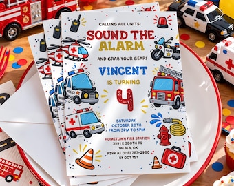 PRINTED Emergency Vehicles Birthday Invitation, First Responders Party Invite, Fire Truck Police Ambulance, Rescue Party Cards + Envelopes