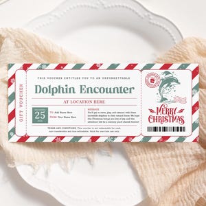 Delfin-Weihnachtsgeschenkgutschein EDITIERBAR, Überraschungs-Delfinbegegnungs-Gutschein, druckbares Schwimmen mit Delfinen-Karte, Kinderaquarium-Ausflug