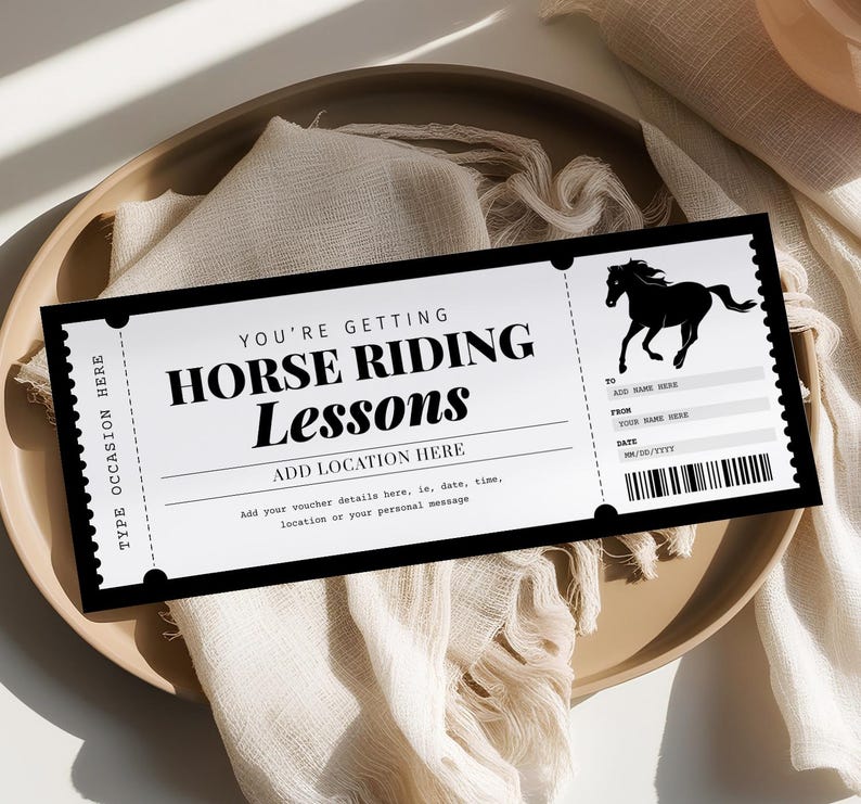 Horse Riding Lesson Certificate EDITABLE, Horseback Riding Gift Voucher, Horse Back Riding Gift Card, Trail Rides Ticket, For Any Occasion