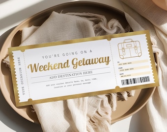 Weekend Getaway Gift Certificate Template, Editable Surprise Weekend Away Voucher, Gold Birthday Trip Ticket, Printable Travel Gift WG22