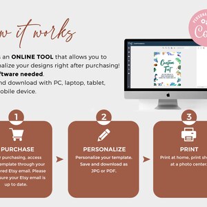 May include: A graphic showing how to use Corjl, an online tool to personalize designs. The steps are: 1. Purchase, 2. Personalize, 3. Print. The image shows a computer screen with a design that says "Custom Tot".