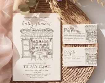 Conjunto de invitaciones para baby shower con temática de café parisino (EDITABLE), Suite de invitaciones para baby shower con temática de café parisino, Paquete de invitaciones para baby shower con temática de París PC16
