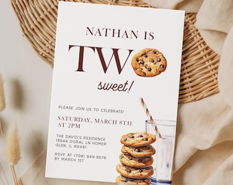 May include: A rectangular birthday invitation card with white background featuring dark brown text reading NATHAN IS TWO sweet! A chocolate chip cookie replaces the letter O, and a stack of five cookies next to a glass of milk with a straw.