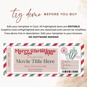 May include: Red and green Christmas movie ticket template with a festive design. The ticket says "Merry Christmas" and "You're going to watch Movie Title Here".