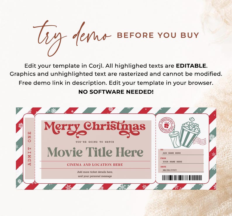 May include: Red and green Christmas movie ticket template with a festive design. The ticket says "Merry Christmas" and "You're going to watch Movie Title Here".