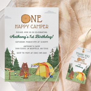 One Happy Camper Invitation EDITABLE, Camping First Birthday Invitation Printable, Camping 1st Birthday Invite, Lumberjack Birthday Party