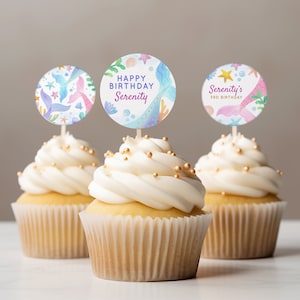 Mermaid Birthday Cupcake Toppers EDITABLE, Under the Sea Party Favor Labels Printable, Mermaid Cake Toppers, Mermaid Birthday Party Decor