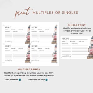 May include: Printable recipe cards with a stack of books illustration. The cards have lines for recipe title, serves, prep time, cook time, ingredients, and directions. The text "from the kitchen of" is at the bottom of each card. The text "Show Trim Marks" and "Fit Multiples Per Page" are checked.