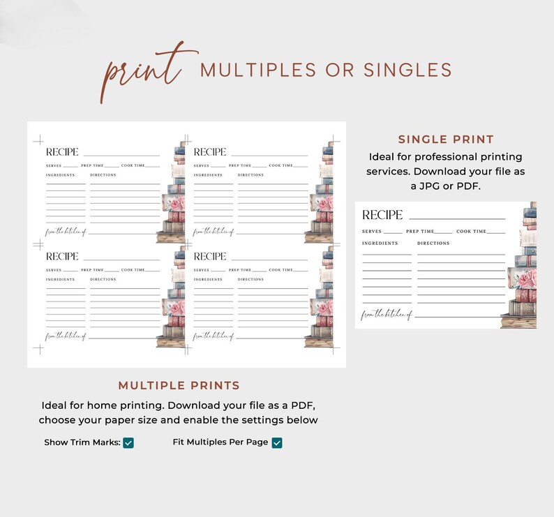 May include: Printable recipe cards with a stack of books illustration. The cards have lines for recipe title, serves, prep time, cook time, ingredients, and directions. The text "from the kitchen of" is at the bottom of each card. The text "Show Trim Marks" and "Fit Multiples Per Page" are checked.