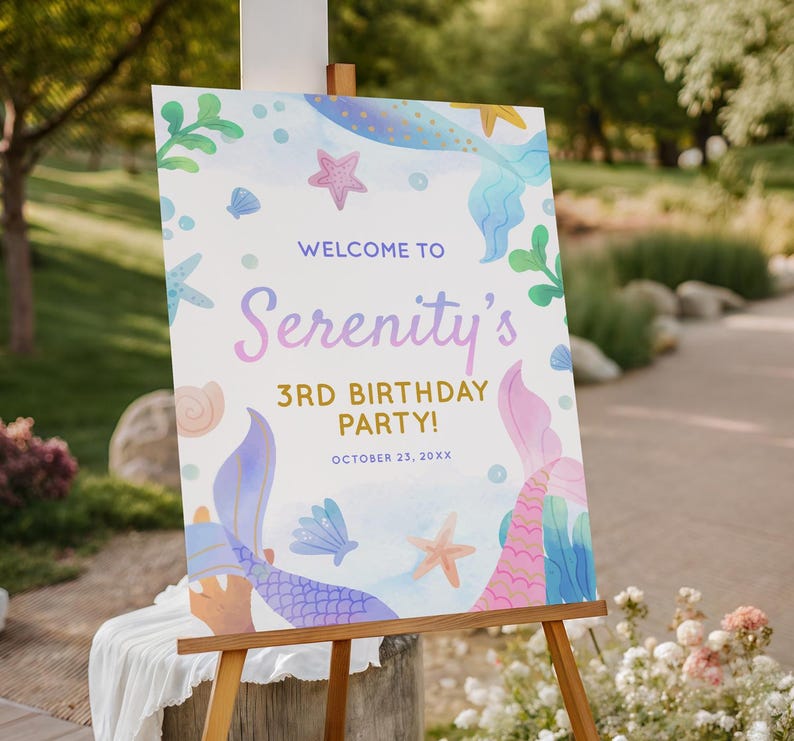 Mermaid Birthday Welcome Sign, Under the Sea Party Welcome Poster, Mermaid Party Decor (EDITABLE)