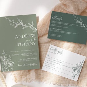 Sage Green Wedding Invitation Set Editable, Minimalist Greenery Wedding Invitation Suite, Printable Modern Botanical Rsvp Details Card