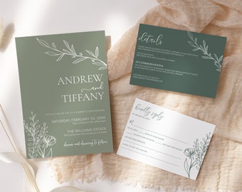 Sage Green Wedding Invitation Set Editable, Minimalist Greenery Wedding Invitation Suite, Printable Modern Botanical Rsvp Details Card