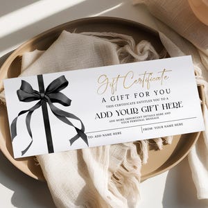 Buono regalo MODIFICABILE, modello di buono regalo personalizzato, buono regalo minimalista con nastro nero, carta regalo stampabile, buono regalo fai da te