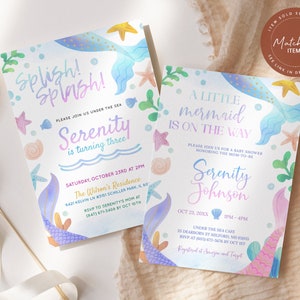 May include: Two watercolor-style invitations with a mermaid theme. The first invitation is for a little mermaid baby shower with the text "A Little Mermaid is on the Way" and the name "Serenity Johnson". The second invitation is for a third birthday party with the text "Splish! Splash! Serenity is turning three".