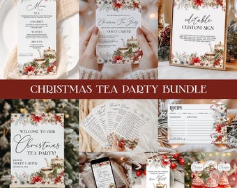Christmas Tea Party Bundle EDITABLE, Holiday Tea Party Invitation, Christmas Tea Party Kit, Winter Tea Party Games, Sign and Decor CT25