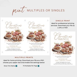 Pu&ograve; includere: Un design di stampa digitale con un'illustrazione ad acquerello di un brunch natalizio, tra cui pancake, panini alla cannella e prosciutto. Il testo recita "Christmas Brunch" e include i dettagli dell'evento ospitato da The Carter Family.