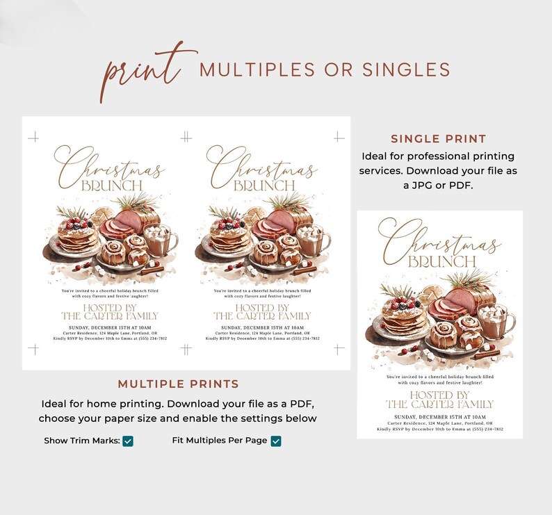 Pu&ograve; includere: Un design di stampa digitale con un'illustrazione ad acquerello di un brunch natalizio, tra cui pancake, panini alla cannella e prosciutto. Il testo recita "Christmas Brunch" e include i dettagli dell'evento ospitato da The Carter Family.