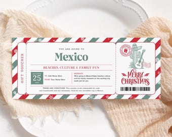 Mexico Christmas Boarding Pass EDITABLE, Surprise Mexico Trip Ticket, Printable Plane Ticket Template, Christmas Travel Vacation Voucher