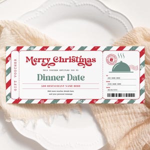 Kerstbon dinerdatum BEWERKBAAR, restaurantcadeaubon afdrukbaar, tafelreserveringsbon, datum-nachtkaart, dinerbon