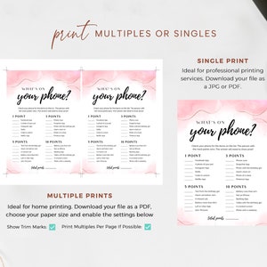 Puede incluir: Tarjeta de juego imprimible con un fondo de acuarela rosa y detalles dorados. La tarjeta tiene el texto "What's on your phone?" y enumera elementos para verificar en un tel&eacute;fono, con puntos asignados a cada elemento. La tarjeta est&aacute; dise&ntilde;ada para un juego de fiesta.