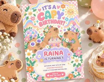 Groovy Capybara Birthday Invitation Template, Editable Retro Floral Capy Party Invite, Cute Kids Animals Birthday Party, Digital Download