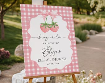 Tabliczka powitalna „Berry in Love” na wieczór panieński, edytowalny plakat powitalny „Love is Berry Sweet”, dekoracja tablicy na wieczór panieński z motywem truskawkowym BL17