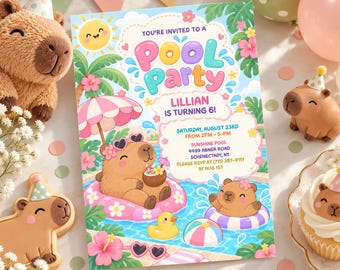 Capybara Pool Party Invitation Template, Editable Summer Birthday Invite, Cute Kids Pool Party Printable, Digital Birthday Party Invitation