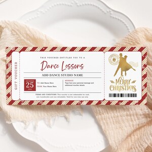 Certificato di Natale per lezioni di ballo MODIFICABILE, Buono regalo per lezioni di ballo, Modello di buono di Natale stampabile, Buono regalo di Natale