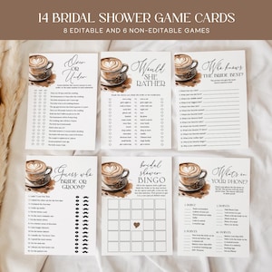 Paquete de juegos para despedidas de soltera con temática de café, tarjetas de juego editables "Love is Brewing", actividades imprimibles para despedidas de soltera con temática de café LB14