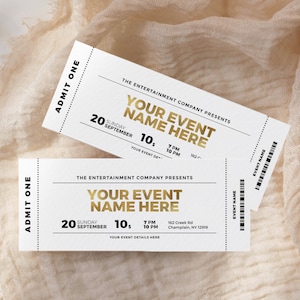 Gold Event Ticket Vorlage EDITIERBARE, druckbare Party-Karte, Admit One Ticket, Eintrittskarte, Fake-Konzert, Fundraiser, DIY Event Ticket