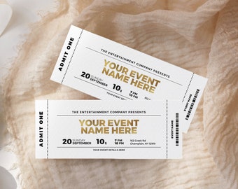 Gold Event Ticket Template EDITABLE, Printable Party Ticket, Admit One Ticket, Admission Ticket, Fake Concert, Fundraiser, DIY Event Ticket