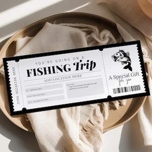 Angelreise Geschenkgutschein EDITIERBAR, Überraschungsangelnreisegutschein druckbar, Fliegenfischen, Angelreiseticketvorlage für jeden Anlass