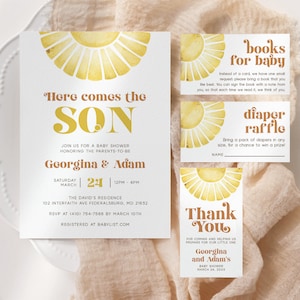 Sunshine Baby Shower Invitation Suite EDITABLE, Here Comes The Son Baby Shower Invitation Bundle, Boho Sun Baby Shower, Boy Baby Shower RS03