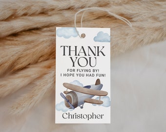 Airplane Party Favor Tag EDITABLE, Vintage Airplane Birthday Thank You Tags Printable, Pilot Birthday, Thank You For Coming Gift Label AP13