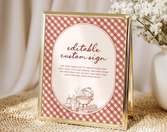 Niestandardowy znak na baby shower Baby Q, edytowalny znak na stół na imprezę z grillem BBQ, dekoracja na grilla ogrodowego, grill koedukacyjny z informacją o płci BQ12