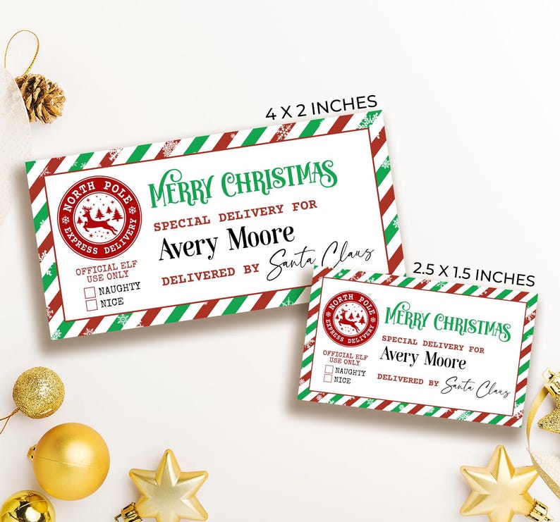May include: Two printable Christmas gift tags with a red and green striped background. The tags feature a red circle with a reindeer and the words "North Pole Express Delivery". The text "Merry Christmas" is written in green cursive. The tags are for Avery Moore and are delivered by Santa Claus. The tags are 4 x 2 inches and 2.5 x 1.5 inches.