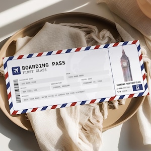 Carte d'embarquement modifiable pour Londres, modèle de billet d'avion pour Londres, billet cadeau voyage surprise, bon de voyage imprimable, billet d'avion